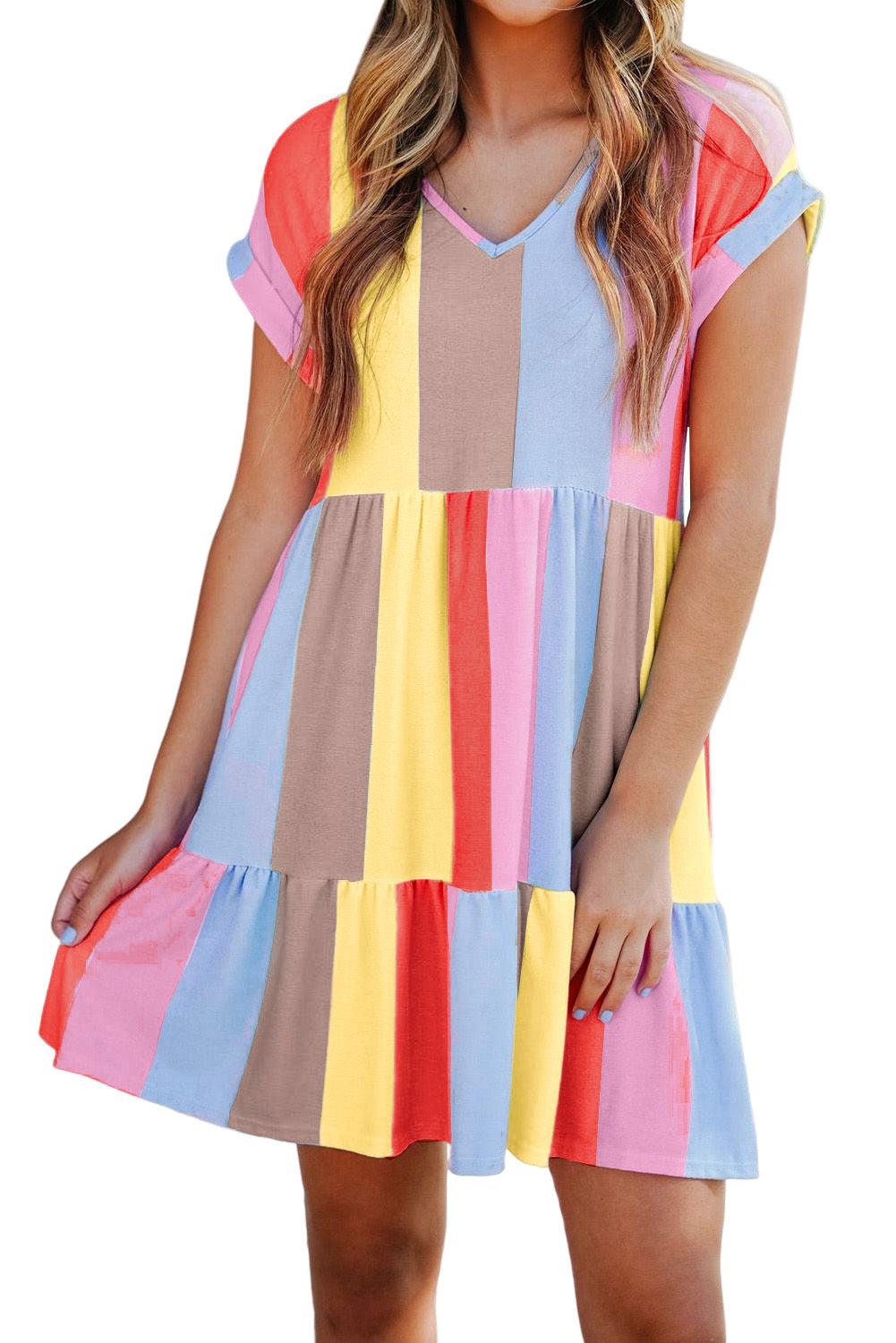 Multicolor Striped Color Block Tiered Mini Dress - LA Grand