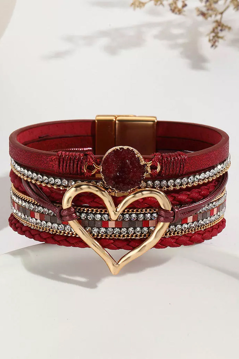 Fiery Red Valentine Rhinestone Heart Layered Bracelet - LA Grand