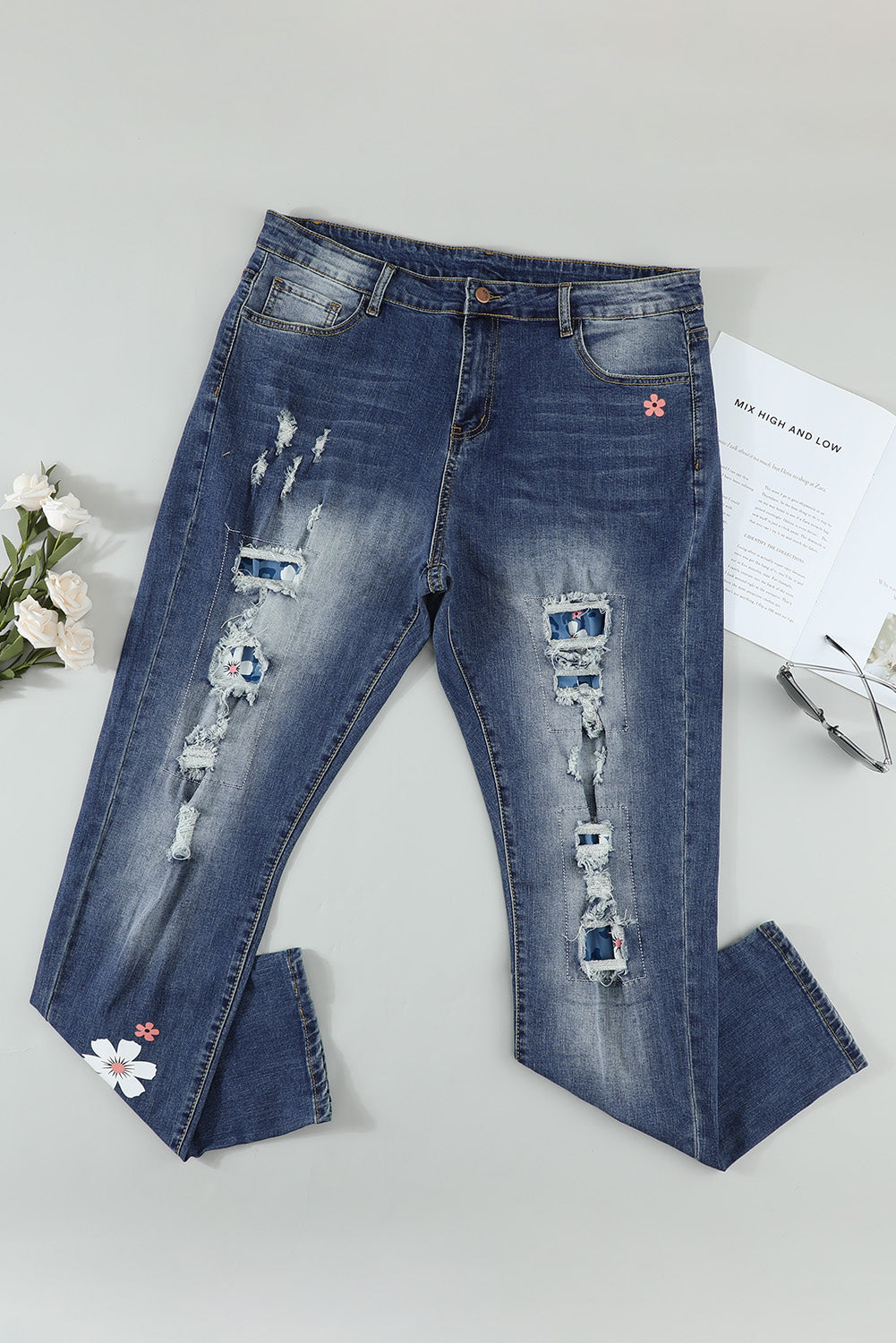 Sky Blue Floral Leopard Print Patchwork Distressed High Waist Jeans - LA Grand