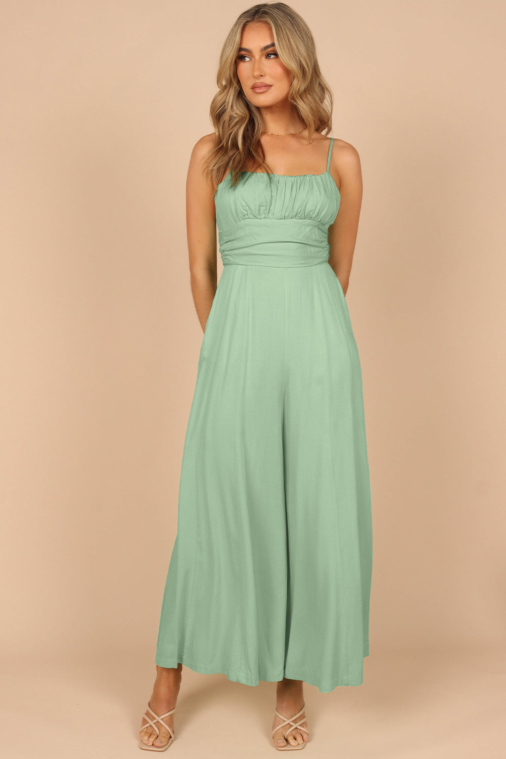 Green Spaghetti Straps Backless Knot Wide-Leg Jumpsuit - LA Grand