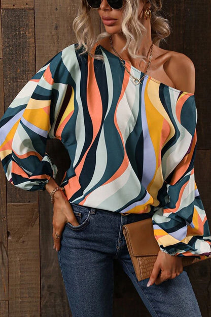 Multicolor Wavy Striped Boat Neck Puff Sleeve Blouse - LA Grand