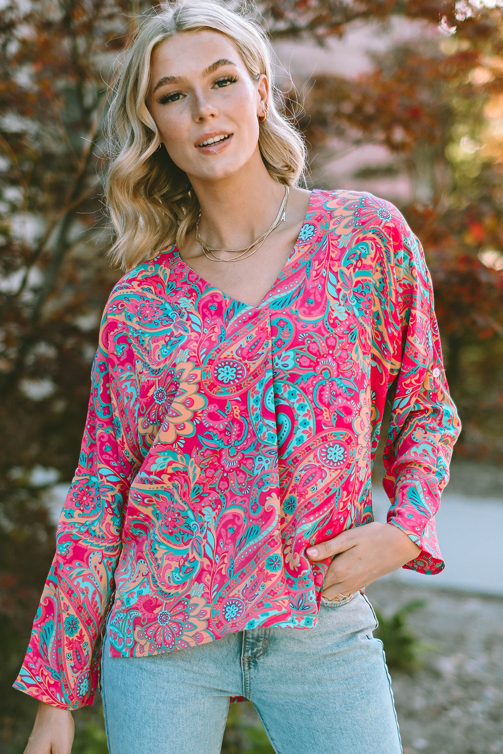 Rose Red Paisley Print Tab Sleeve V-Neck Blouse - LA Grand