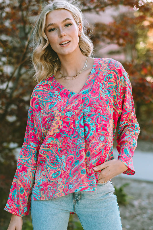 Rose Red Paisley Print Tab Sleeve V-Neck Blouse - LA Grand