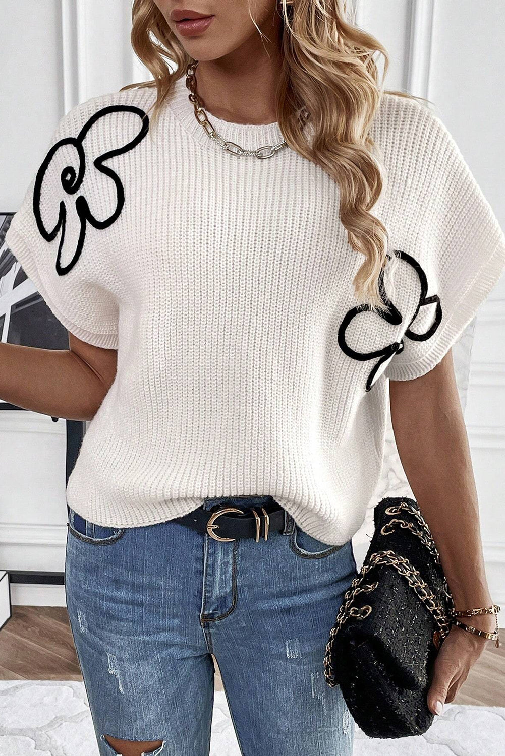 White Flower Embroidery Sweater Tee - LA Grand