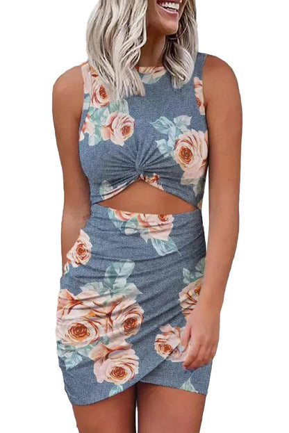 Gray Floral Print Hollow Out Wrap Tie Mini Dress - LA Grand