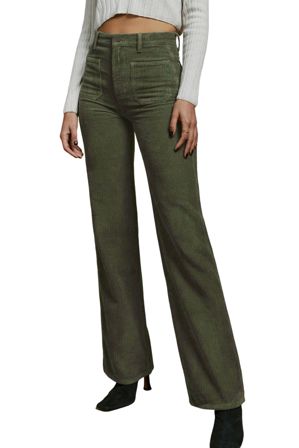 Green High Waist Square Pockets Corduroy Pants - LA Grand