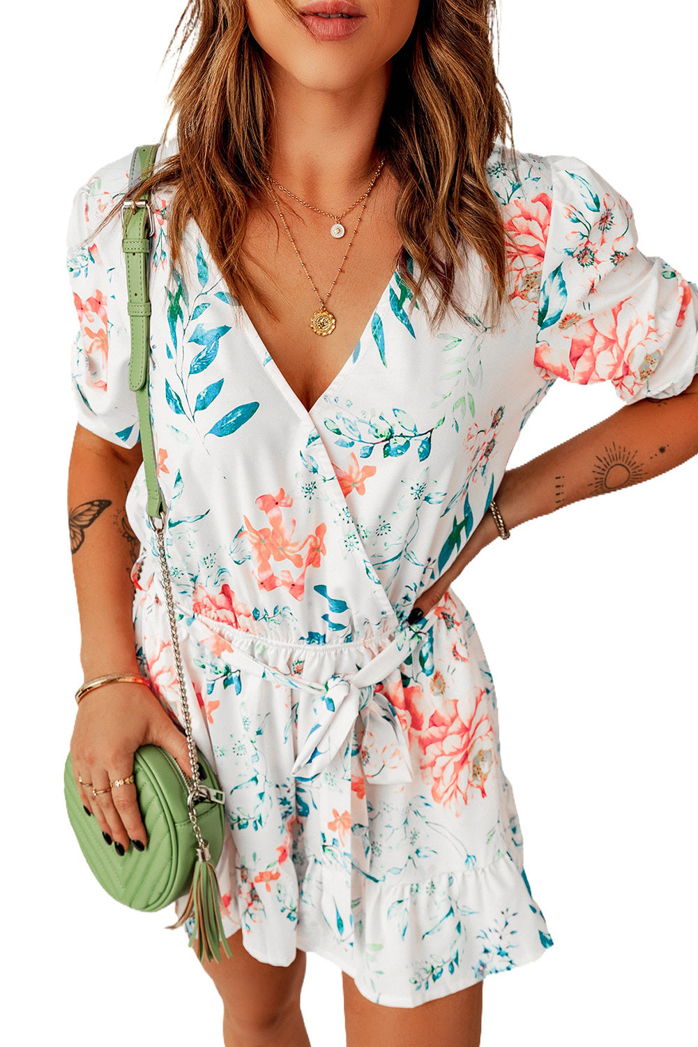 Floral Print Puff Sleeves Romper - LA Grand