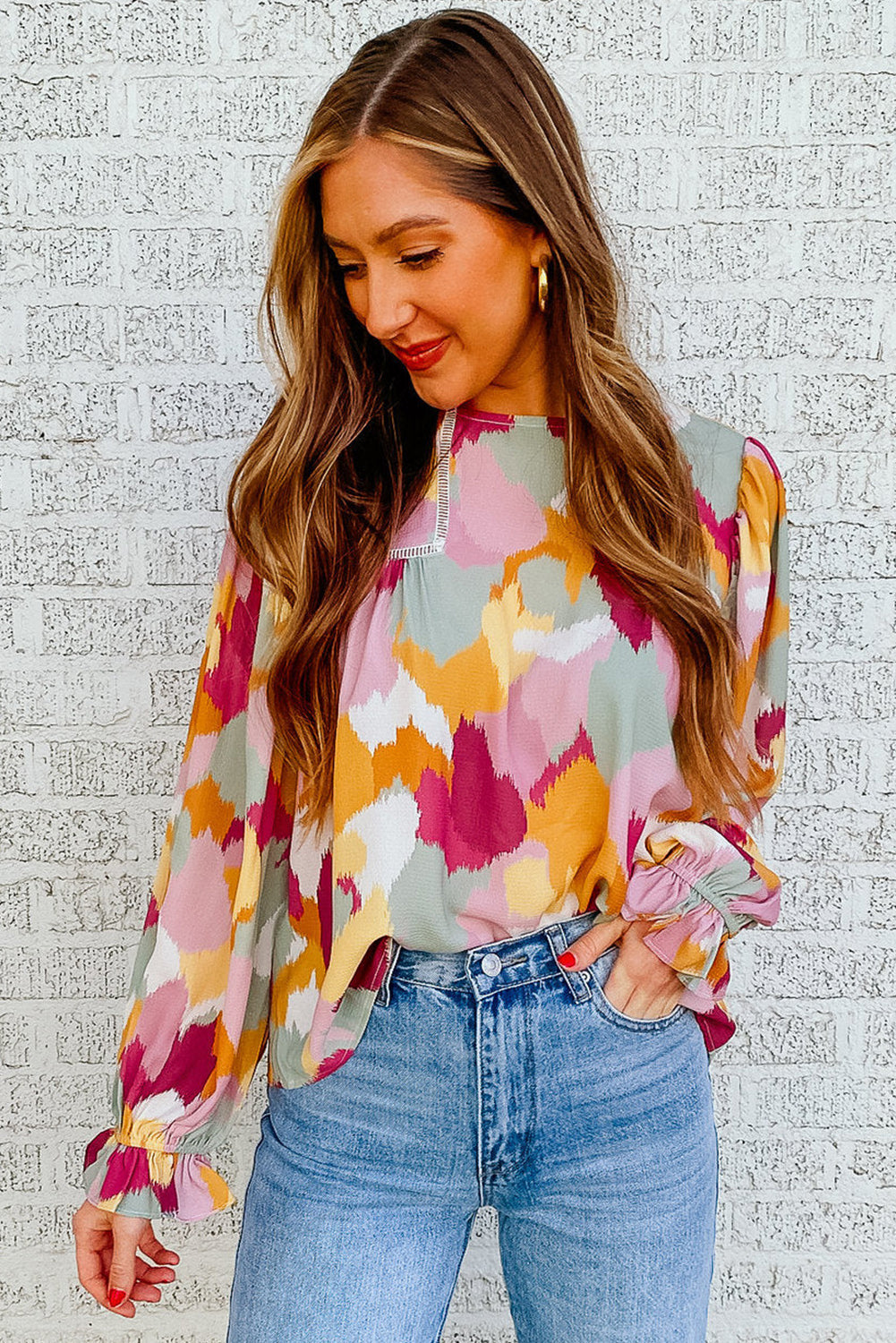 Multicolor Abstract Printed Long Sleeve Blouse - LA Grand