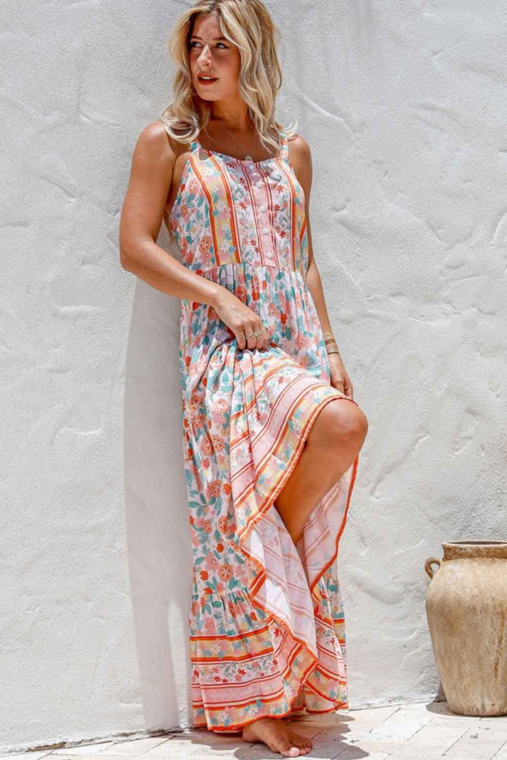 Orange Boho Floral Print Sleeveless Tiered Maxi Dress - LA Grand