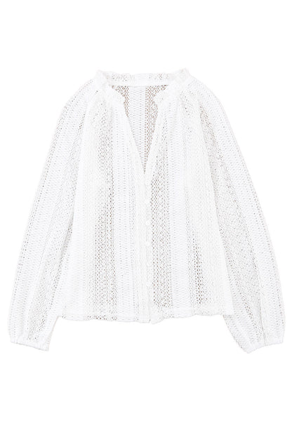 White V-Neck Long Sleeve Button Up Lace Shirt - LA Grand