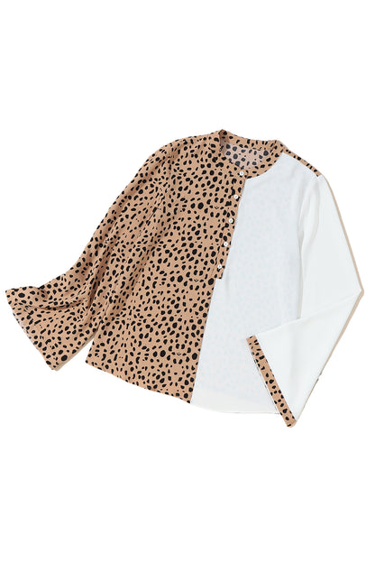 Khaki Leopard Contrast Half Button Casual Blouse - LA Grand