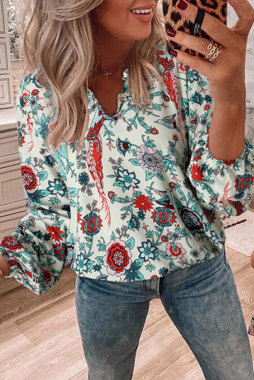 Apricot Floral Frilled V Neck Long Sleeve Blouse - LA Grand