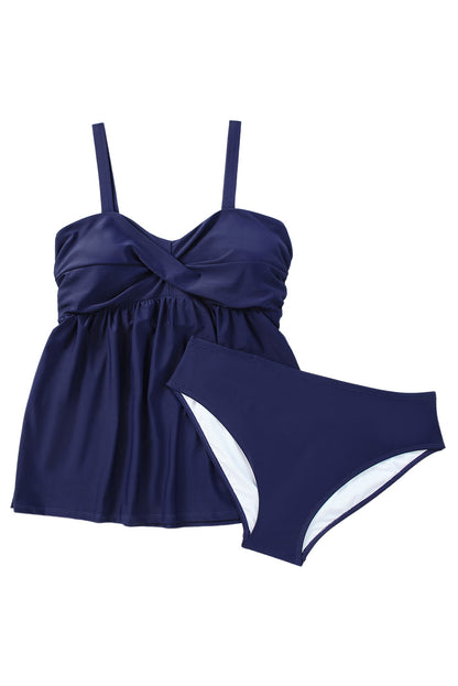 Blue Adjustable Straps Ruched 2pcs Tankini Swimsuit - LA Grand