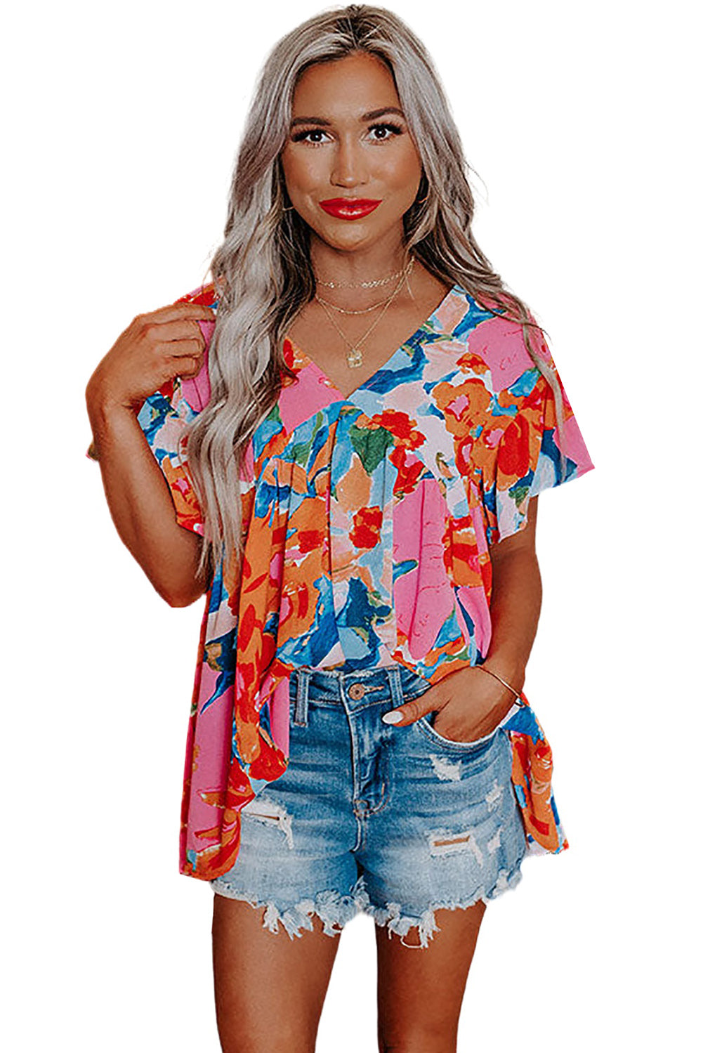 Sky Blue Abstract Print V Neck Flutter Sleeve Blouse - LA Grand