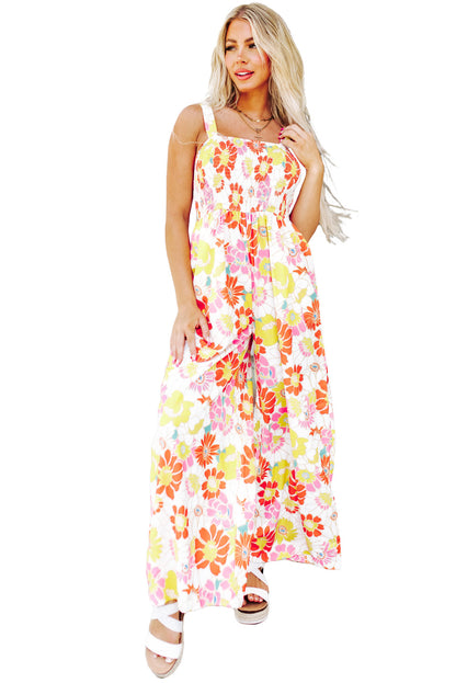 Multicolor Floral Print Shirred Sleeveless Wide Leg Jumpsuit - LA Grand