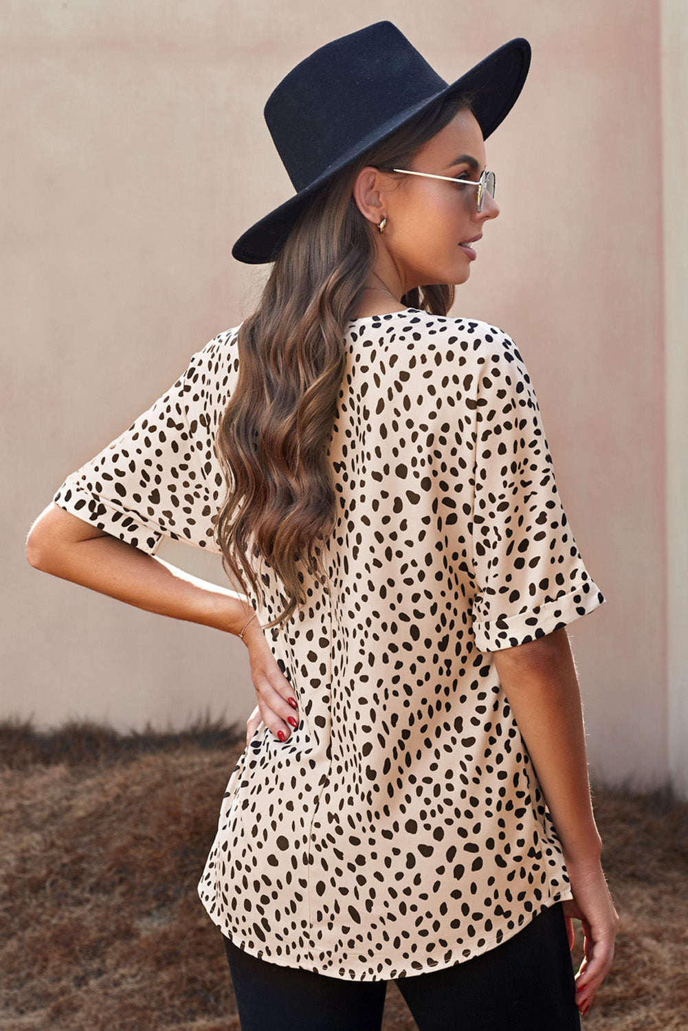 Apricot Animal Print V-neck Rolled Sleeve Tunic Top - LA Grand