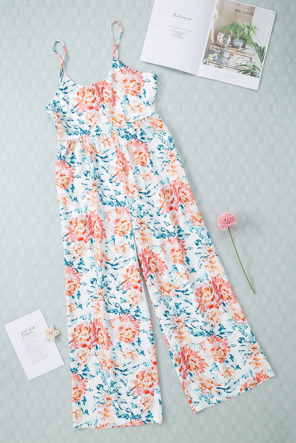 White Floral Spaghetti Straps Wide Leg Jumpsuit - LA Grand