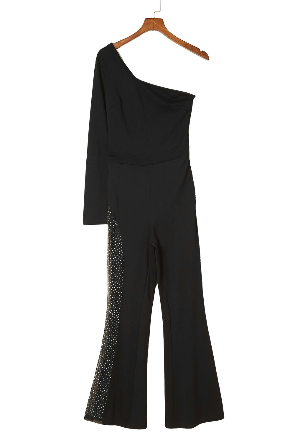 Black One-shoulder Gem Rhinestone Accent Flare Bottom Jumpsuit - LA Grand