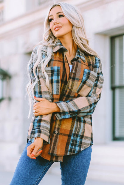 Brown Plaid Color Block Buttoned Shirt with Pockets - LA Grand