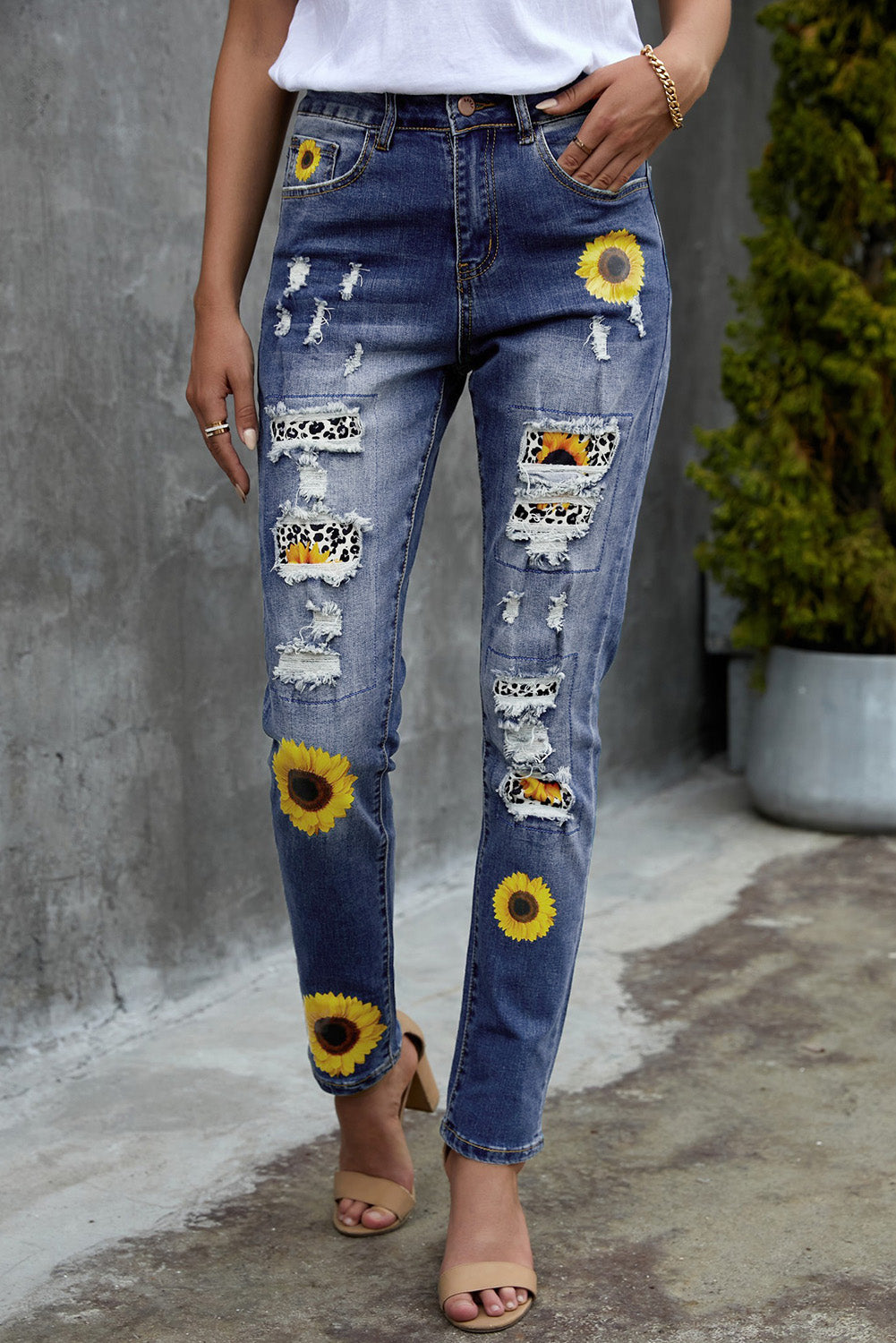 Leopard Patchwork Sunflower Print Distressed High Waist Jeans - LA Grand