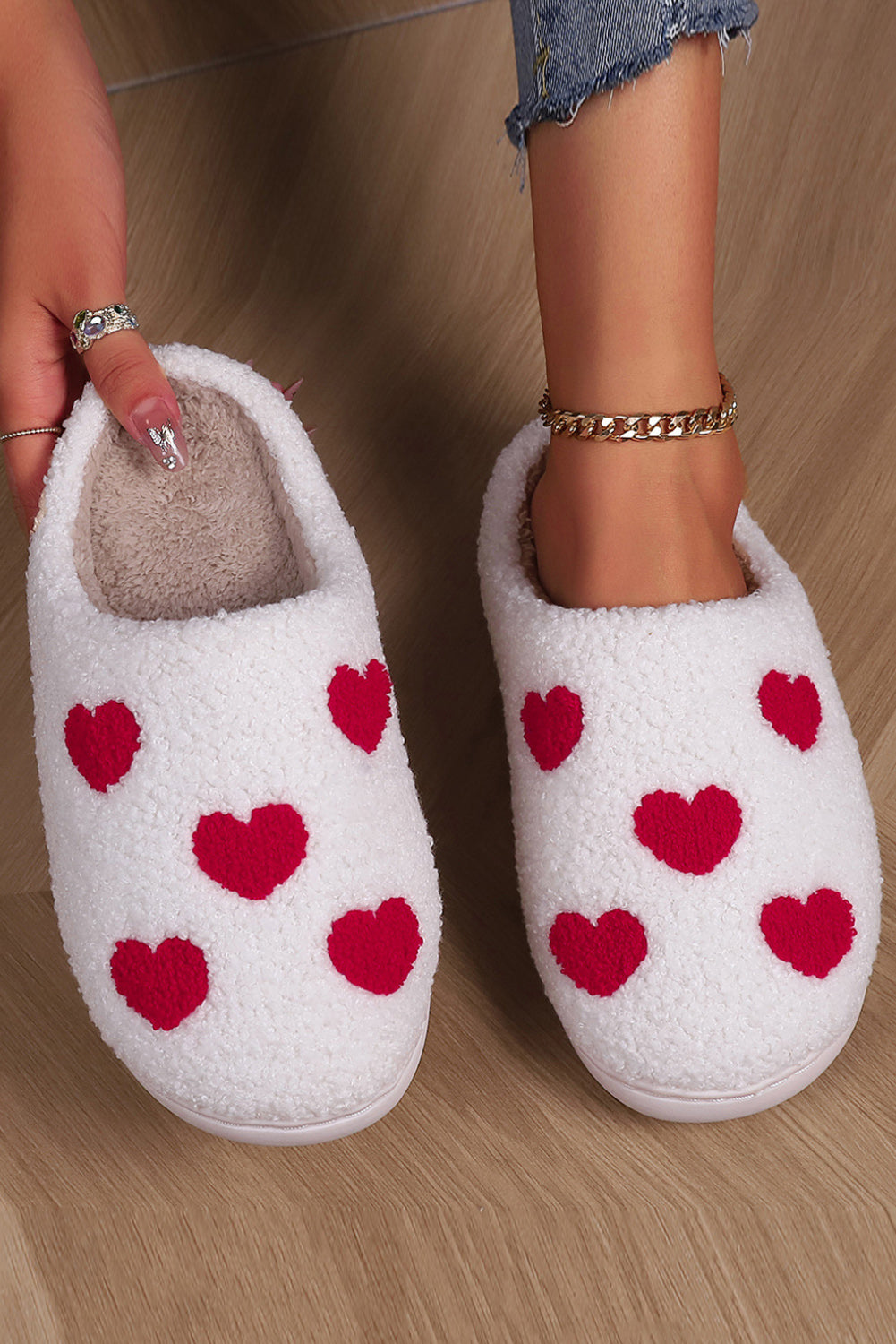 White Valentines Day Hearts Print Plush House Slippers - LA Grand