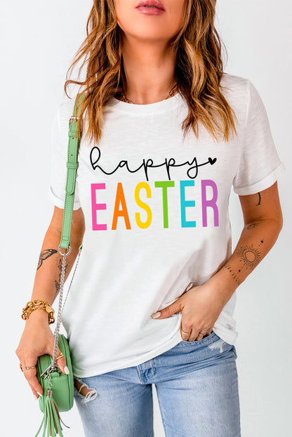 White Happy EASTER Round Neck Graphic Tee - LA Grand