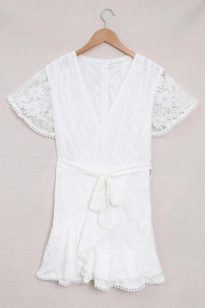 White Flutter Sleeve Wrap V Neck Floral Lace Short Dress - LA Grand