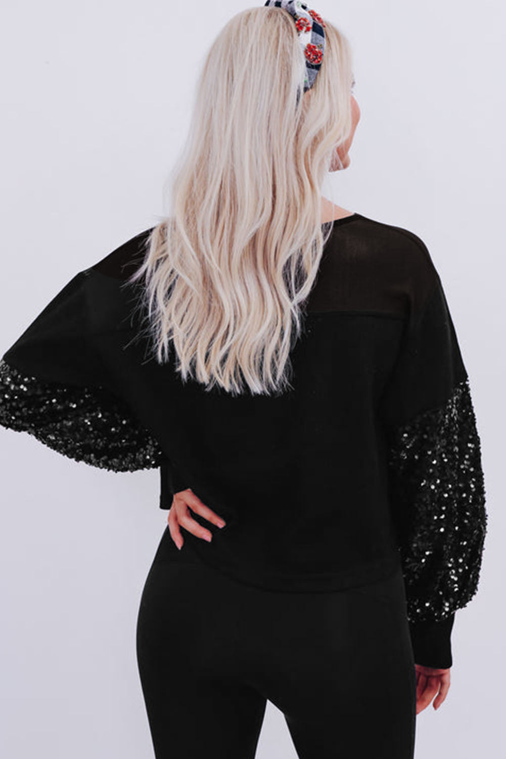 Black Sequin Patchwork Lantern Sleeve Blouse - LA Grand