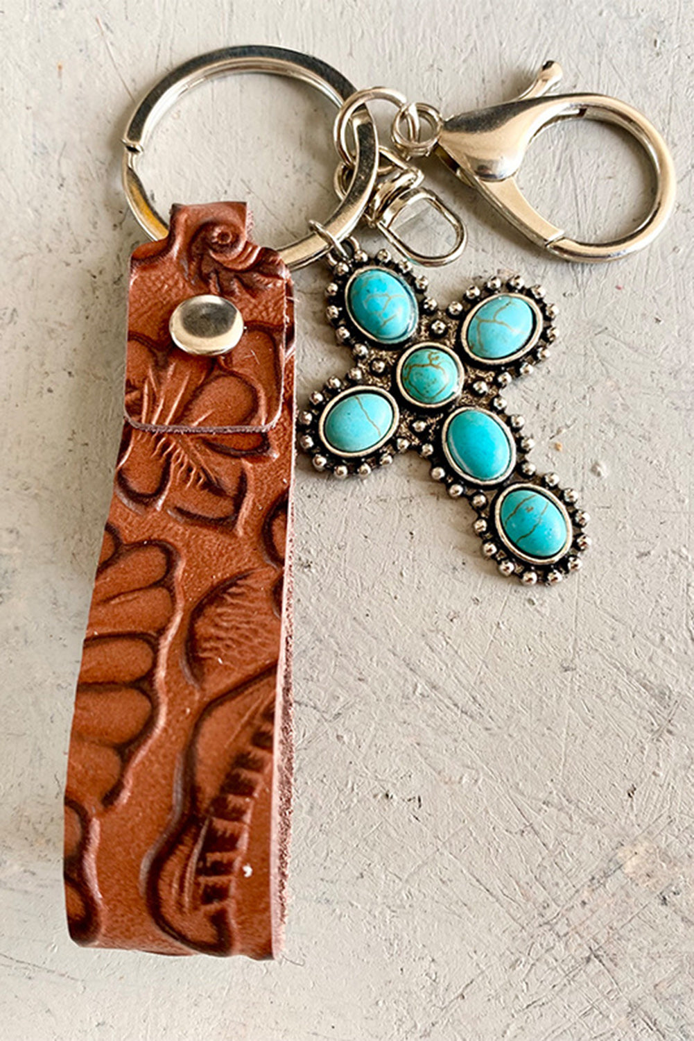 Brown Vintage Embossed Turquoise Leather Key Chain - LA Grand