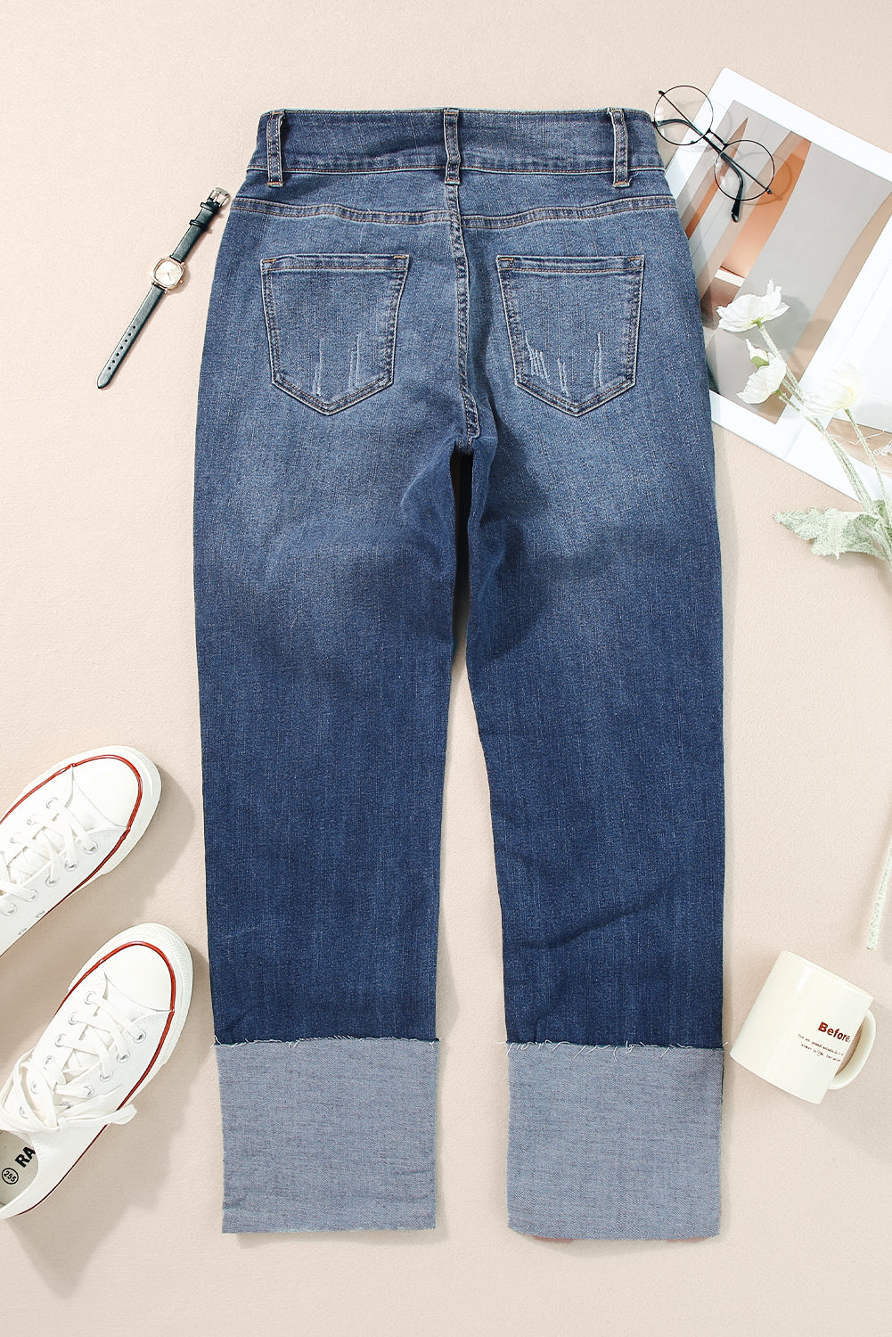 Blue High Waist Distressed Straight Leg Jeans - LA Grand