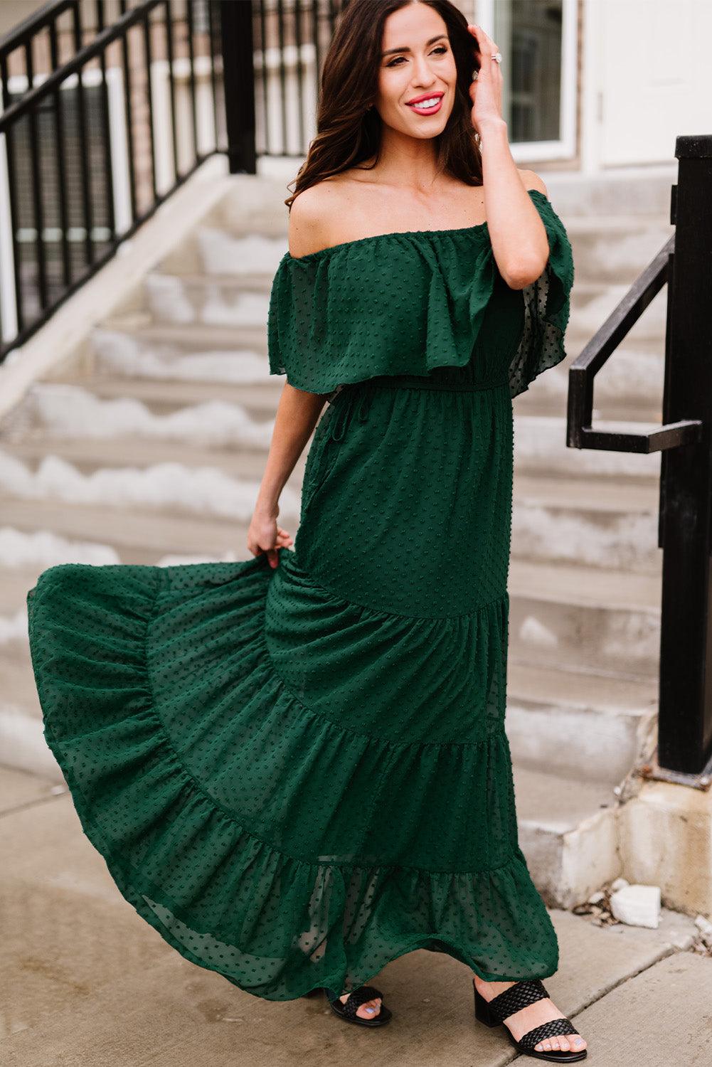 Verde Sunshine Off-Shoulder Swiss Dot Maxi Dress - LA Grand