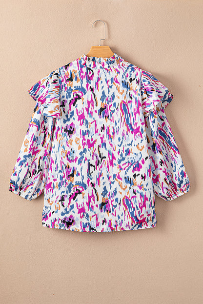 Multicolour Abstract Print 3/4 Puff Sleeve Ruffle Blouse - LA Grand