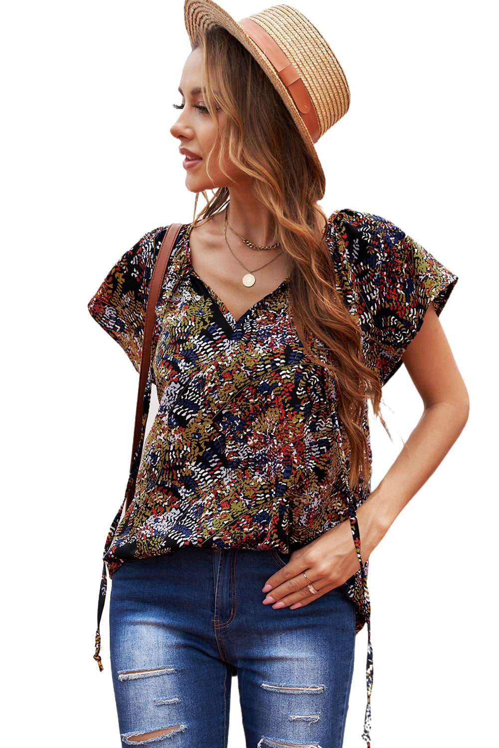 Multicolor V-neck Short Sleeve Fashion Print Fantasy Fluttering Blouse - LA Grand