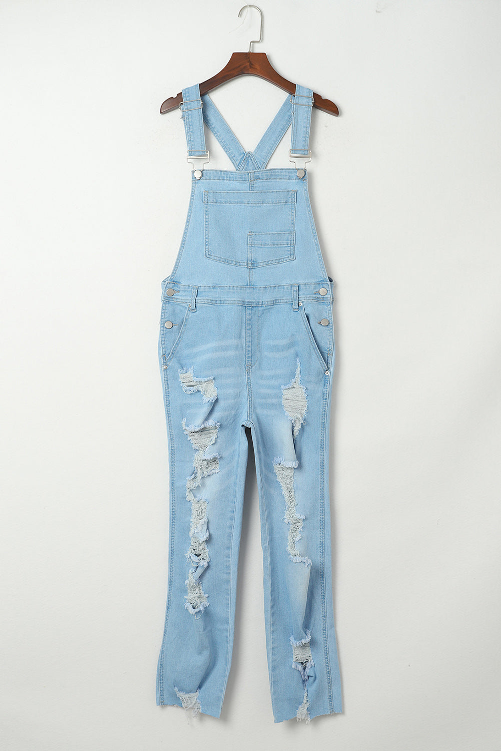 Sky Blue Constructed Bib Pocket Distressed Denim Overalls - LA Grand