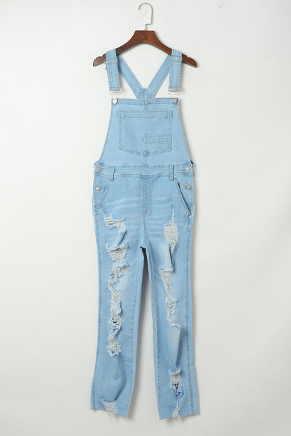 Sky Blue Constructed Bib Pocket Distressed Denim Overalls - LA Grand