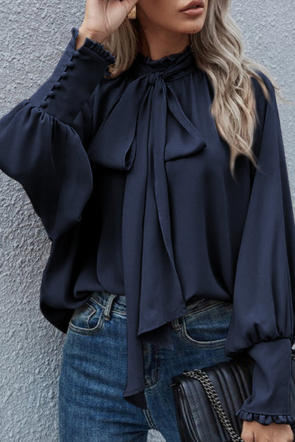 Navy Blue Frilled Knotted Mock Neck Bishop Sleeve Blouse - LA Grand