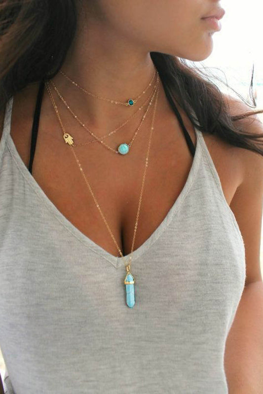 Gold Turquoise Gemstone Pendant Multi-Layered Necklace - LA Grand