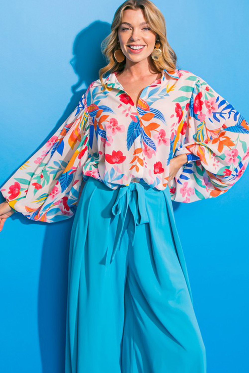 Multicolor Vibrant Floral Printed Billowy Sleeve Shirt - LA Grand