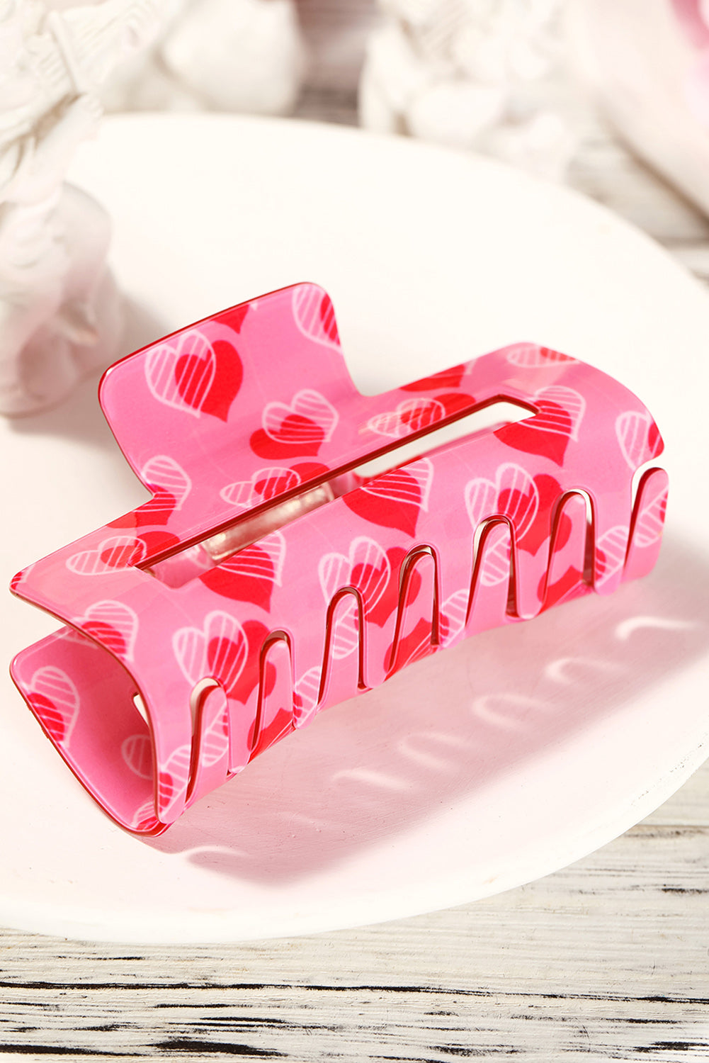 Pink Double Heart Printed Valentines Fashion Hair Claw - LA Grand