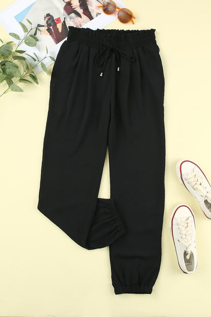 Black Solid Color Drawstring Smocked Waist Joggers - LA Grand