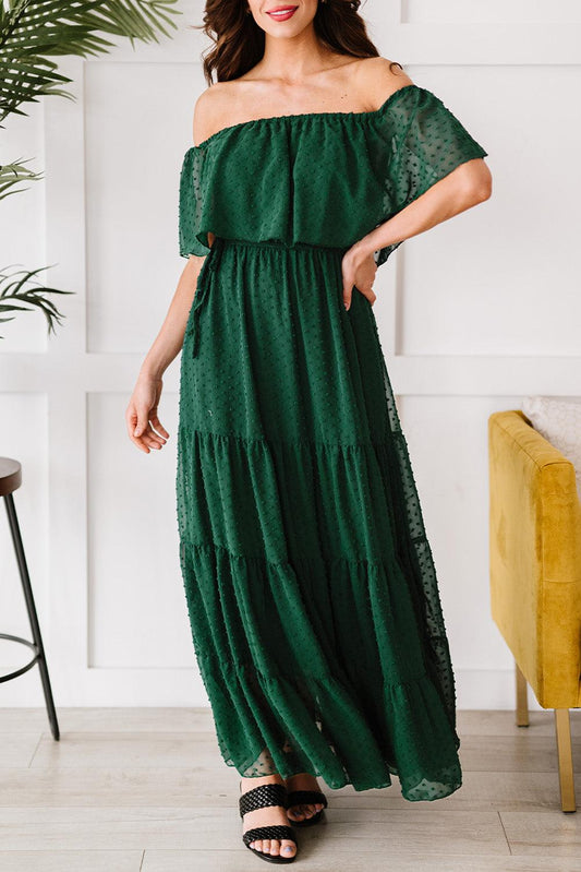 Verde Sunshine Off-Shoulder Swiss Dot Maxi Dress - LA Grand