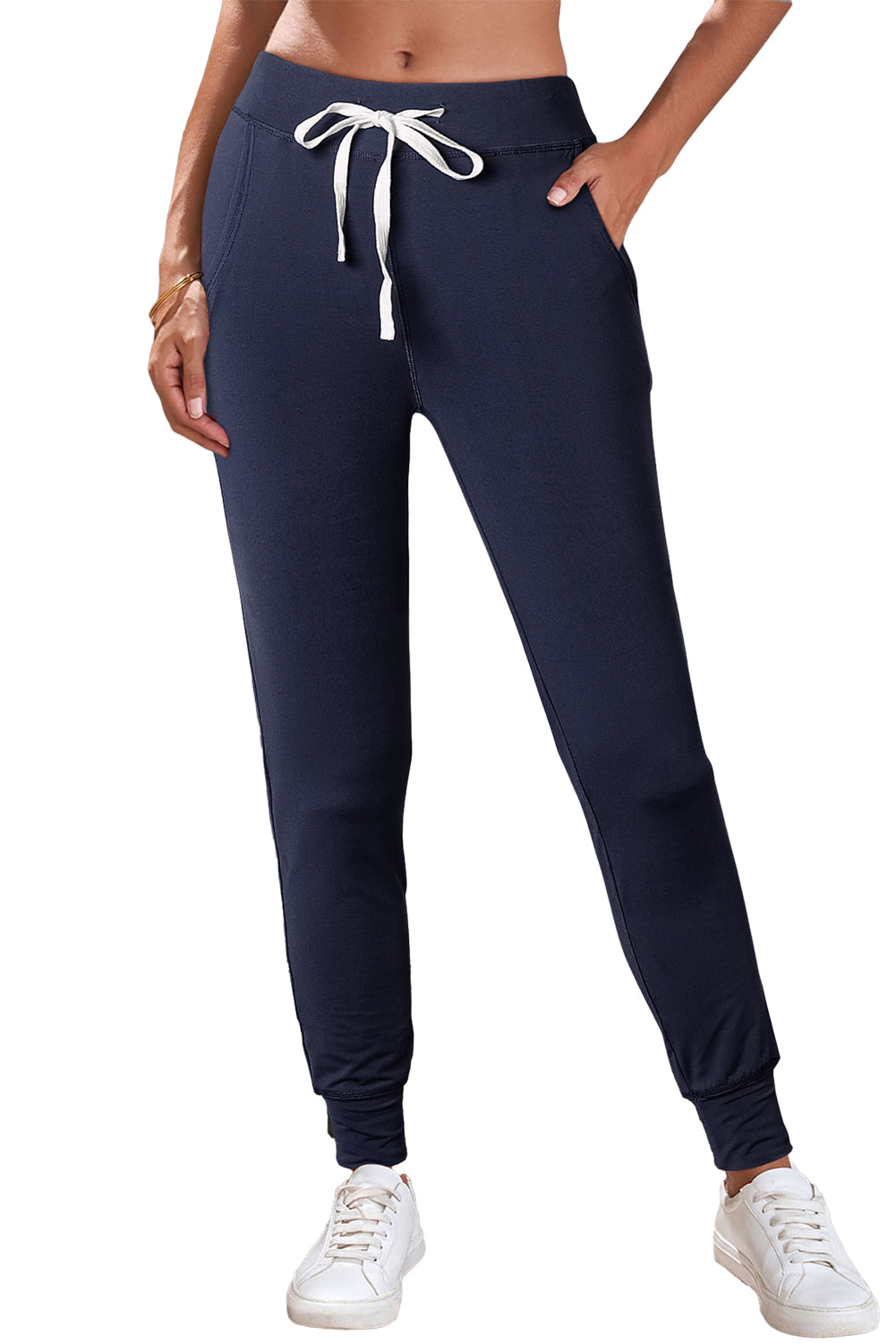 Navy Blue Drawstring Waist Pocketed Joggers - LA Grand