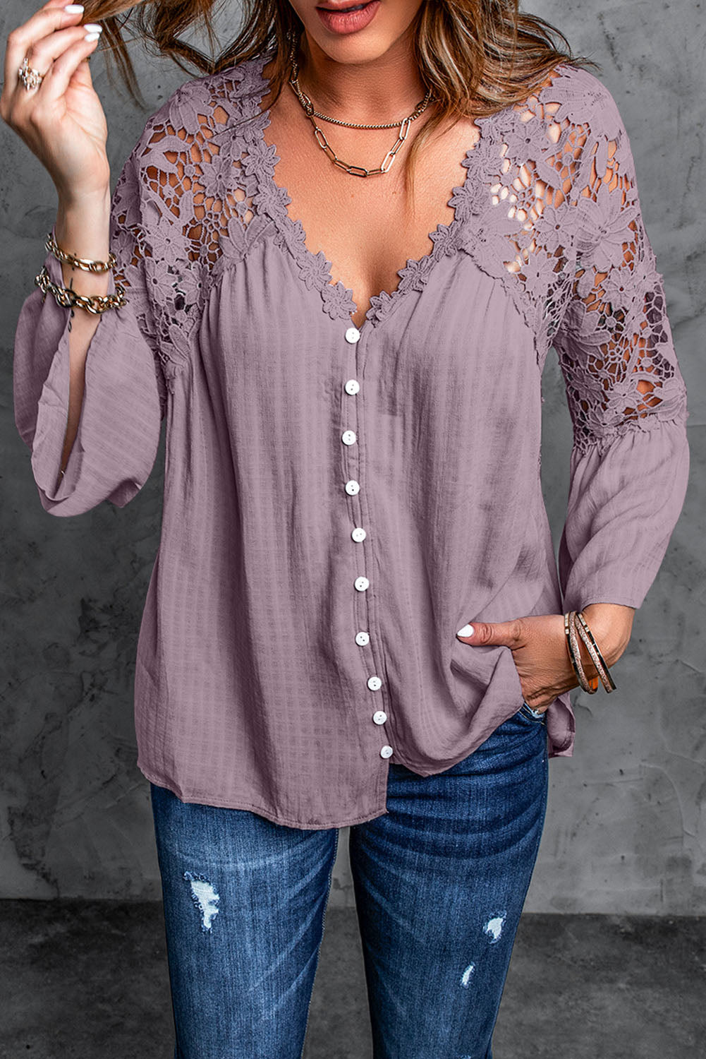 Purple Crochet Lace Button Top - LA Grand