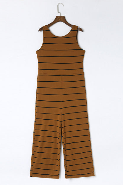 Brown Striped Sleeveless Wide Leg Jumpsuit - LA Grand