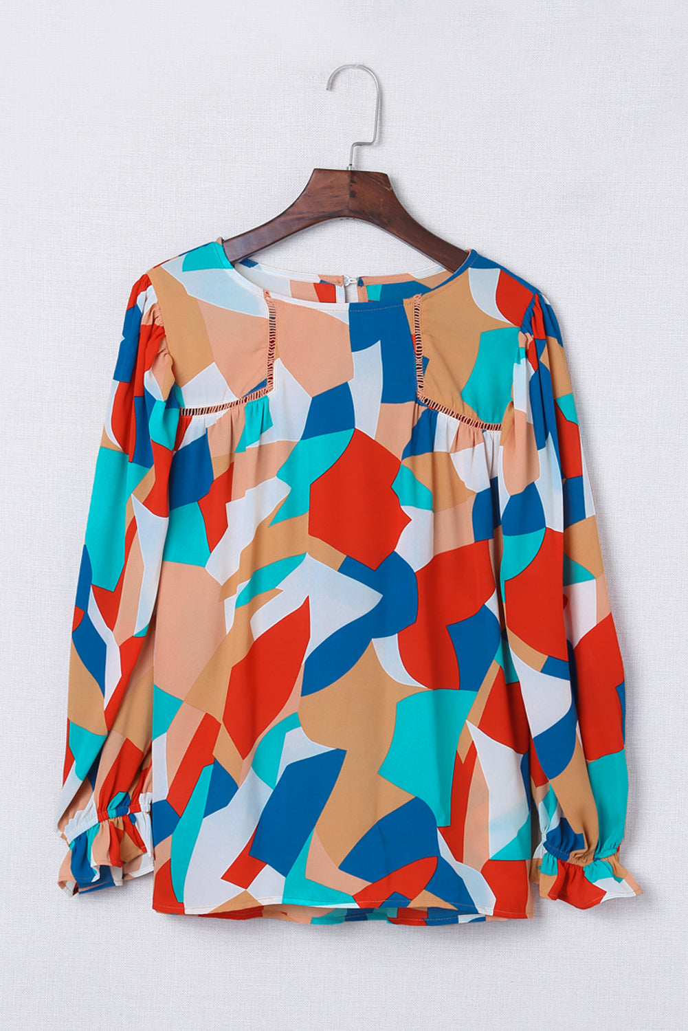 Abstract Pattern Crewneck Ruffled Puff Sleeve Blouse - LA Grand