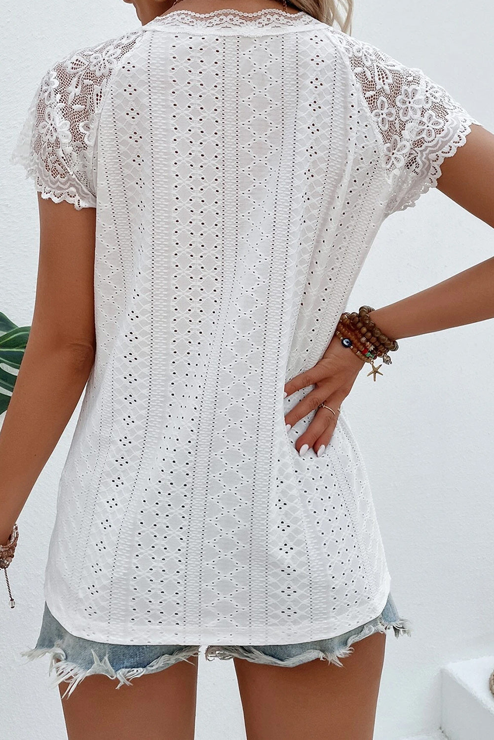 White Sheer Lace Short Sleeves Eyelet Embroidered Tee - LA Grand