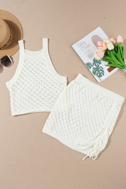 White Hollowed Crochet Cropped 2 Piece Beach Dress - LA Grand