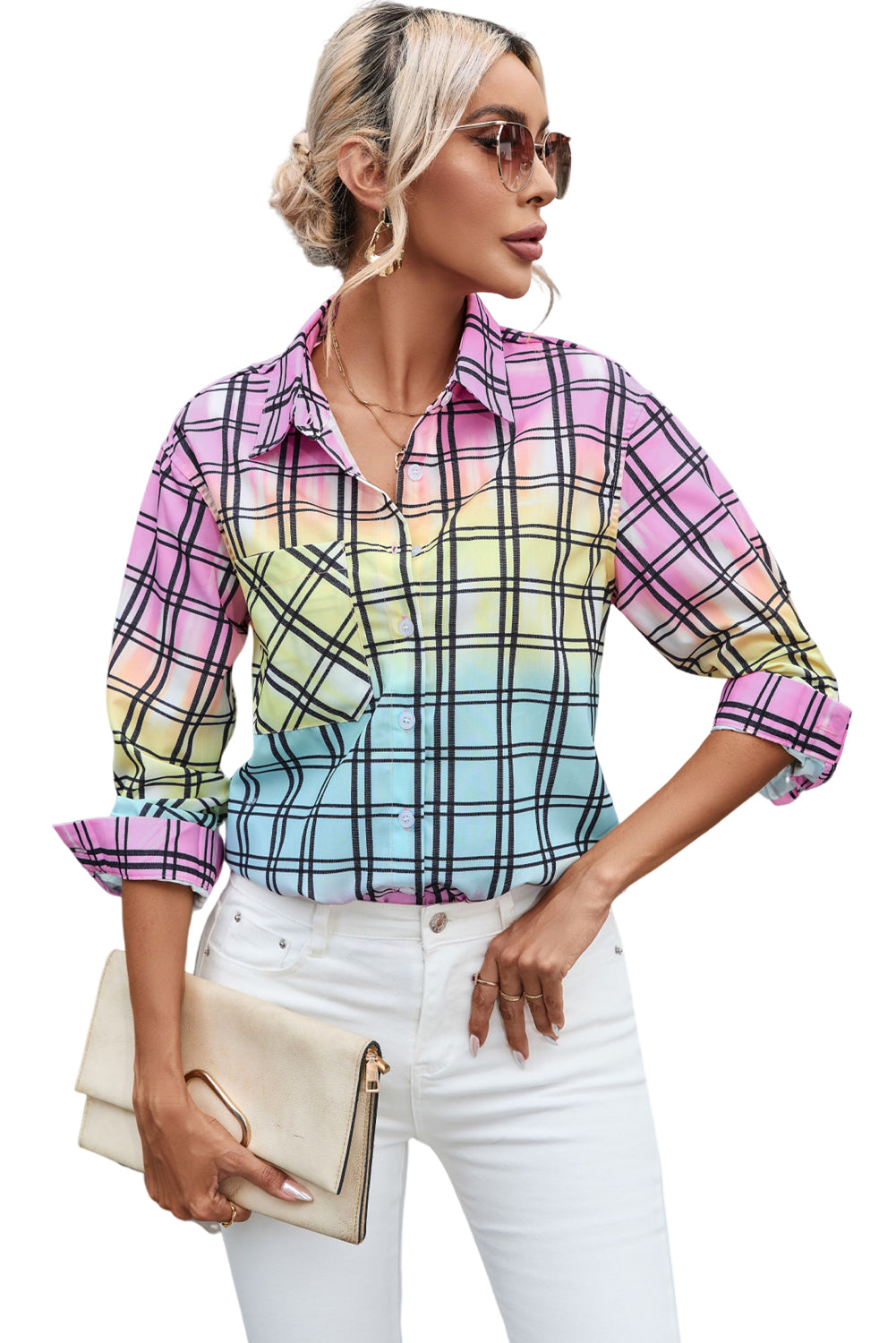 Multicolor Tie Dye Plaid Button Up Shirt - LA Grand