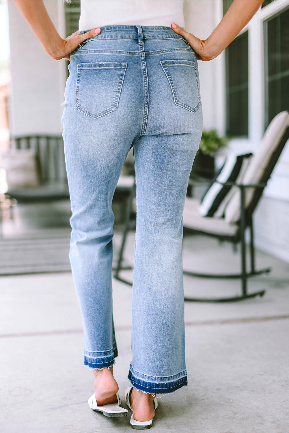 Sky Blue High Waist Buttoned Distressed Flared Jeans - LA Grand