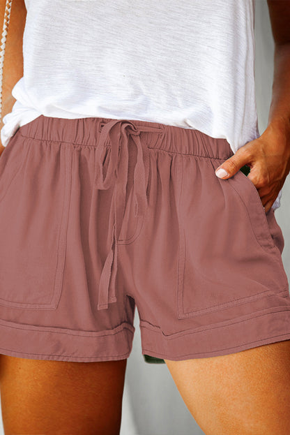 Green Gray Black/Fiery Red/Blue/Green/Gray/Apricot Elastic Waist Drawstring Pocket Shorts - LA Grand